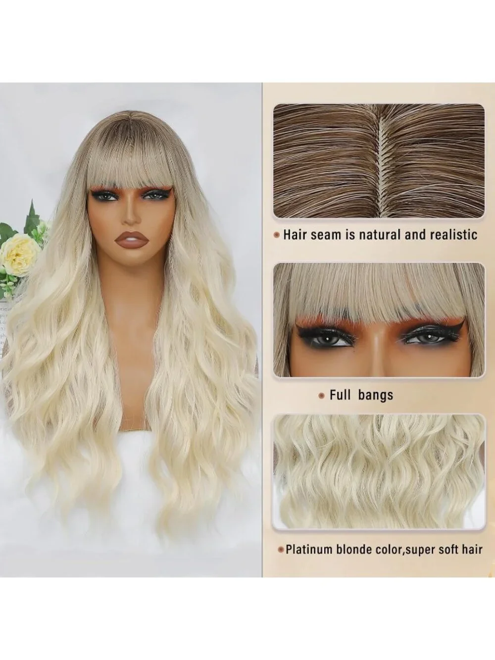 Women Platinum Blonde 26 Inch Natural Looking Heat Resistant Synthetic Wigs Bang